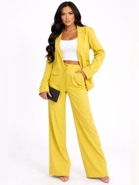 282. LONG SLEEVE BLAZER & BUTTON CLOSURE PANTS SOLID 2PC. SET in lime green